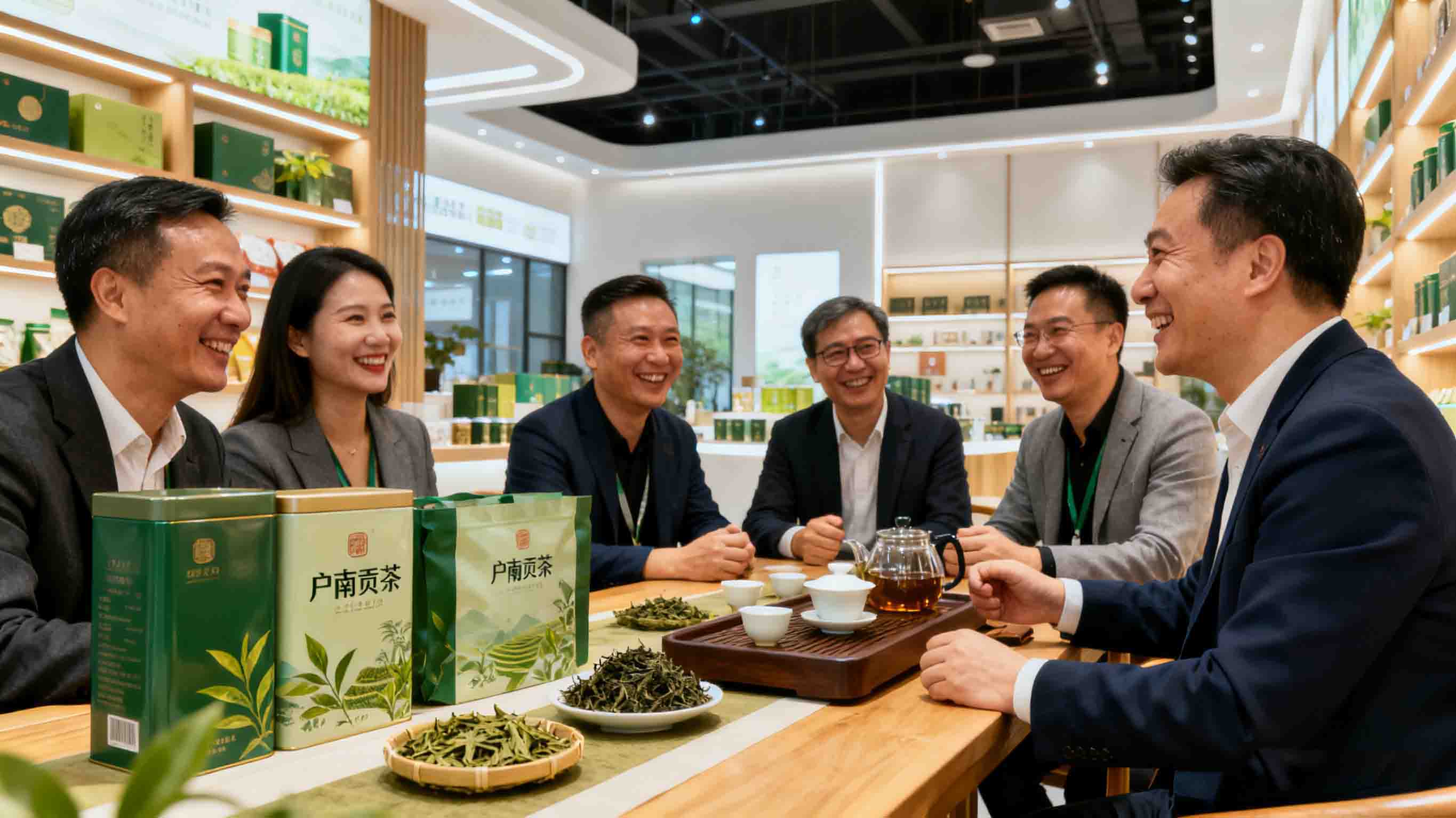 户南山古茶园中的百年古茶树，树干粗壮枝叶繁茂，周围云雾缭绕，展现原生态生长环境