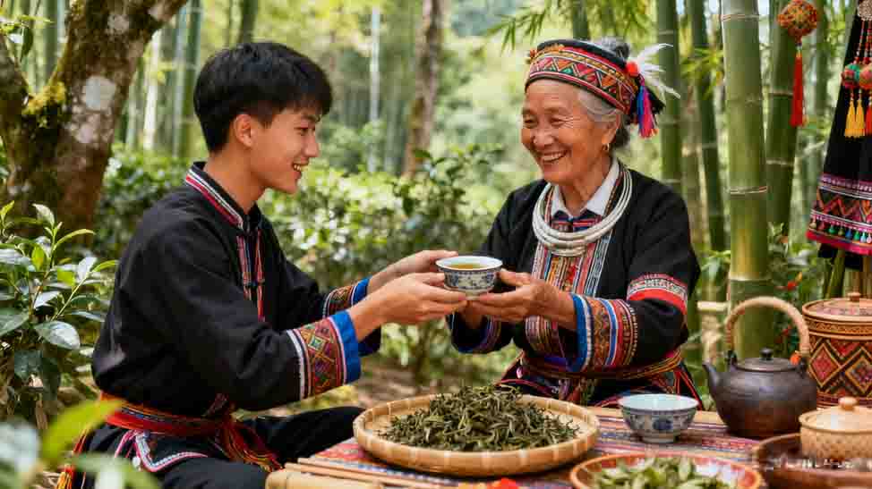 香竹林古茶园实景/当地民族传统制茶场景